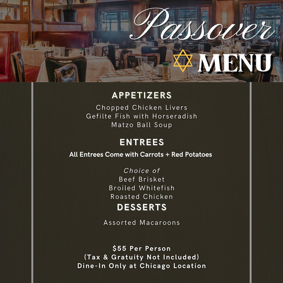 Our special Passover Dinner is available for dine-in this evening, Monday, April 22 and tomorrow, Tuesday, April 23. *Chicago location only.* Book your table: opentable.com/booking/experi…