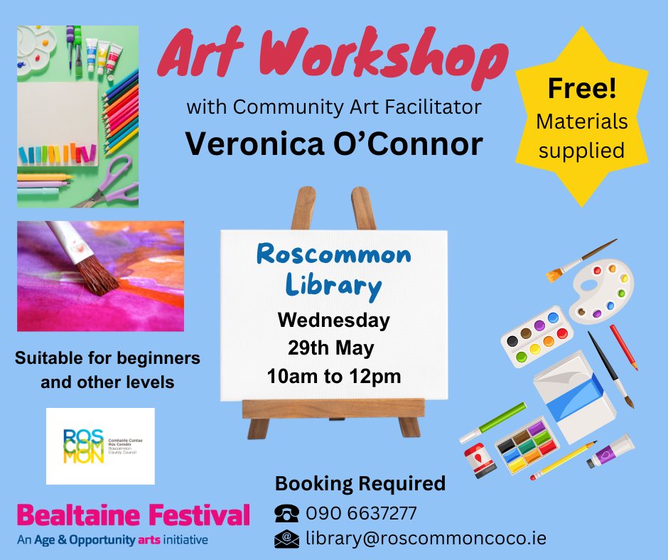 🎨🖌Free #Bealtaine Festival Art Workshops with Veronica O’Connor, Community Art Facilitator. Booking required. Wed 29 May #Roscommon Library 10am – 12pm 📞 090 6637277 or 📧 library@roscommoncoco.ie @roscommoncoco