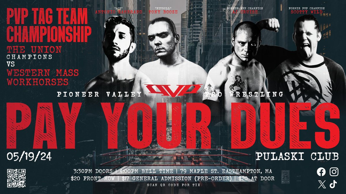 Sun. May 19, 2024 PVP TAG TEAM CHAMPIONSHIP The Union @theZambrano_ & @TonyBooze42 vs @TrulyAverageJoe & @TheScottyWild TICKETS AVAILABLE ⬇️ pvptickets.fws.store - The Union continue to get no free passes following their impressive title defense over Miracle Generation at…