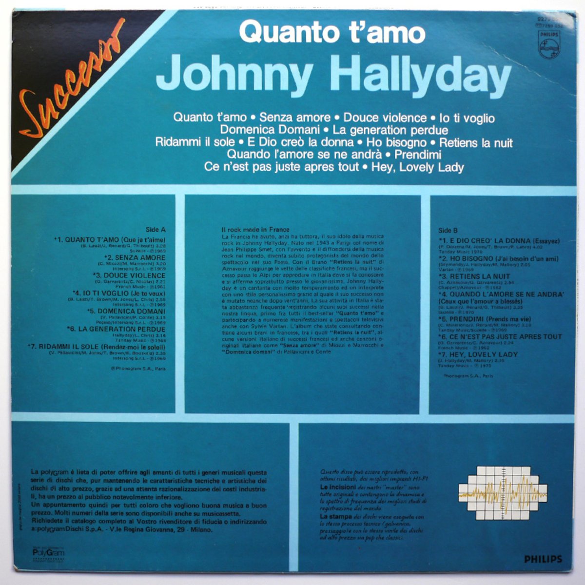 QUANTO T’AMO (SUCCESSO)( 1982)   “  ITALIE ”
33 T LP Philips ref: 9279 052 – Pressage Italien

#johnnyhallyday