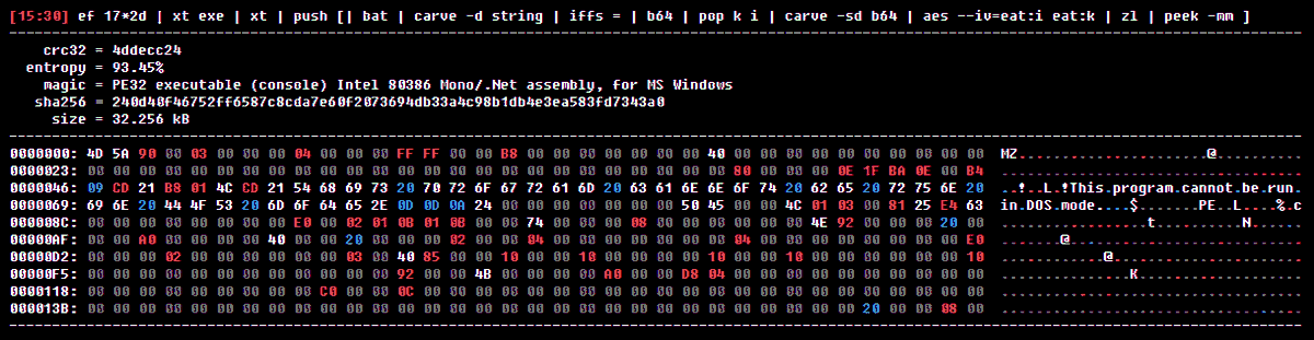 huettenhain's tweet image. What a great opportunity for a #BinaryRefinery showcase!

xt exe | xt | push [
  | bat
  | carve -d string
  | iffs =
  | b64
  | pop k i
  | carve -sd b64
  | aes --iv=eat:i eat:k
  | zl
  | peek -mm ]

📌 github.com/binref/refiner…