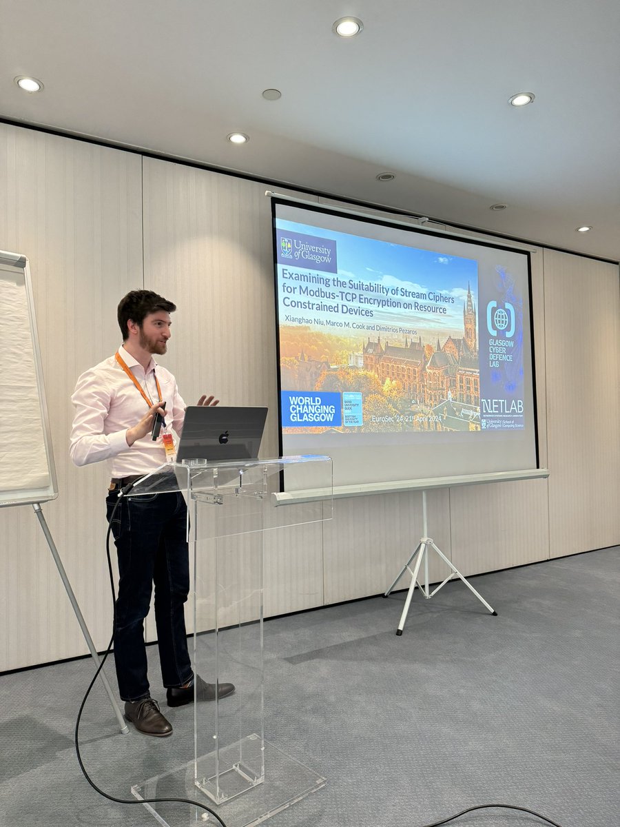 sotirisioannidi's tweet photo. Marco M. Cook presenting “Examining the Suitability of Stream Ciphers for Modbus-TCP Encryption on Resource Constrained Devices” at @EuroSecWorkshop @EuroSys_conf @SecoperaP https://t.co/16bOxOeOp1