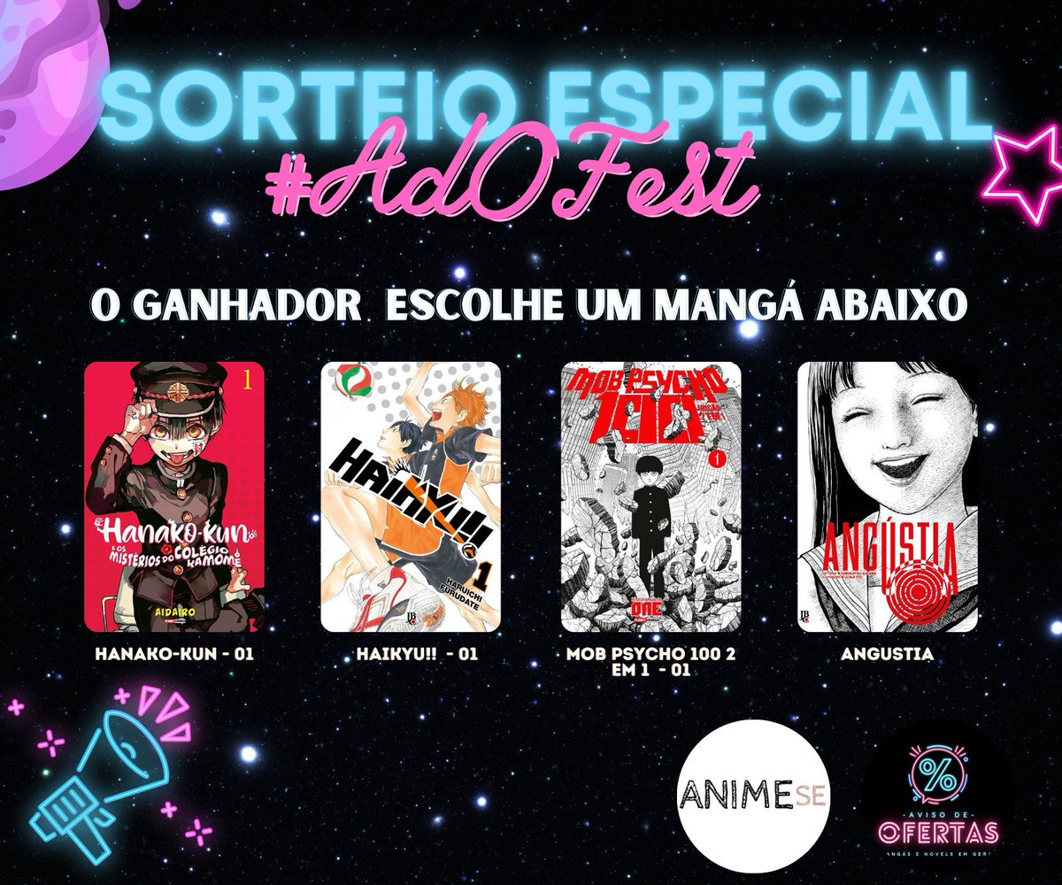 ⚡Sorteio Especial #AdOFest ✅Regras: - Seguir: @AvisoDeOferta e @_ANIMEse - Dar RT e Like - Comentar qual mangá vai querer com a #AdOFest 📌Resultado hoje