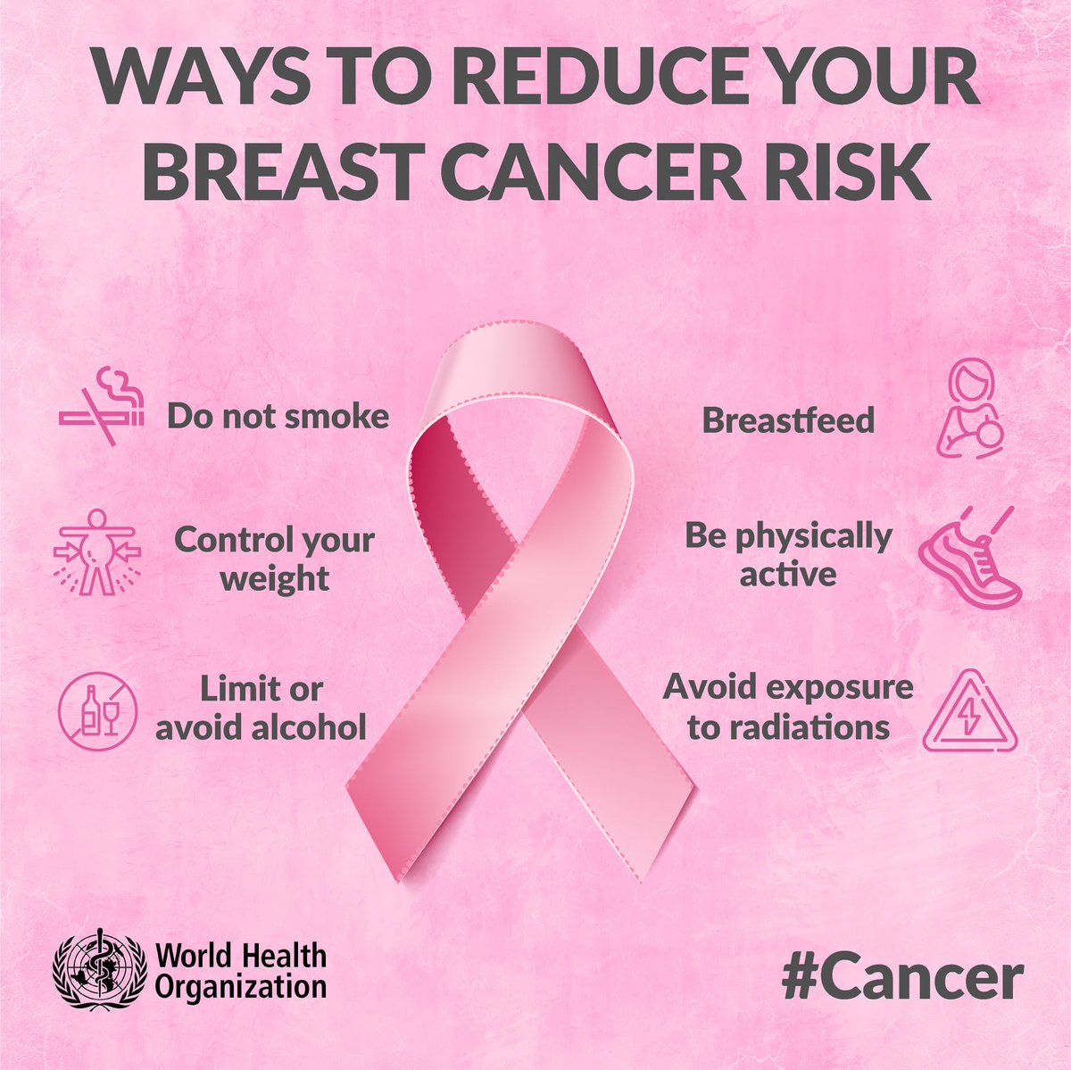This is how you can prevent breast cancer: ➡️ Don't smoke ➡️Control your weight ➡️Limit or avoid alcohol ➡️Breastfeed ➡️Be physically active ➡️Avoid exposure to radiation And remember: Timely diagnosis saves lives #MyHealthMyRight