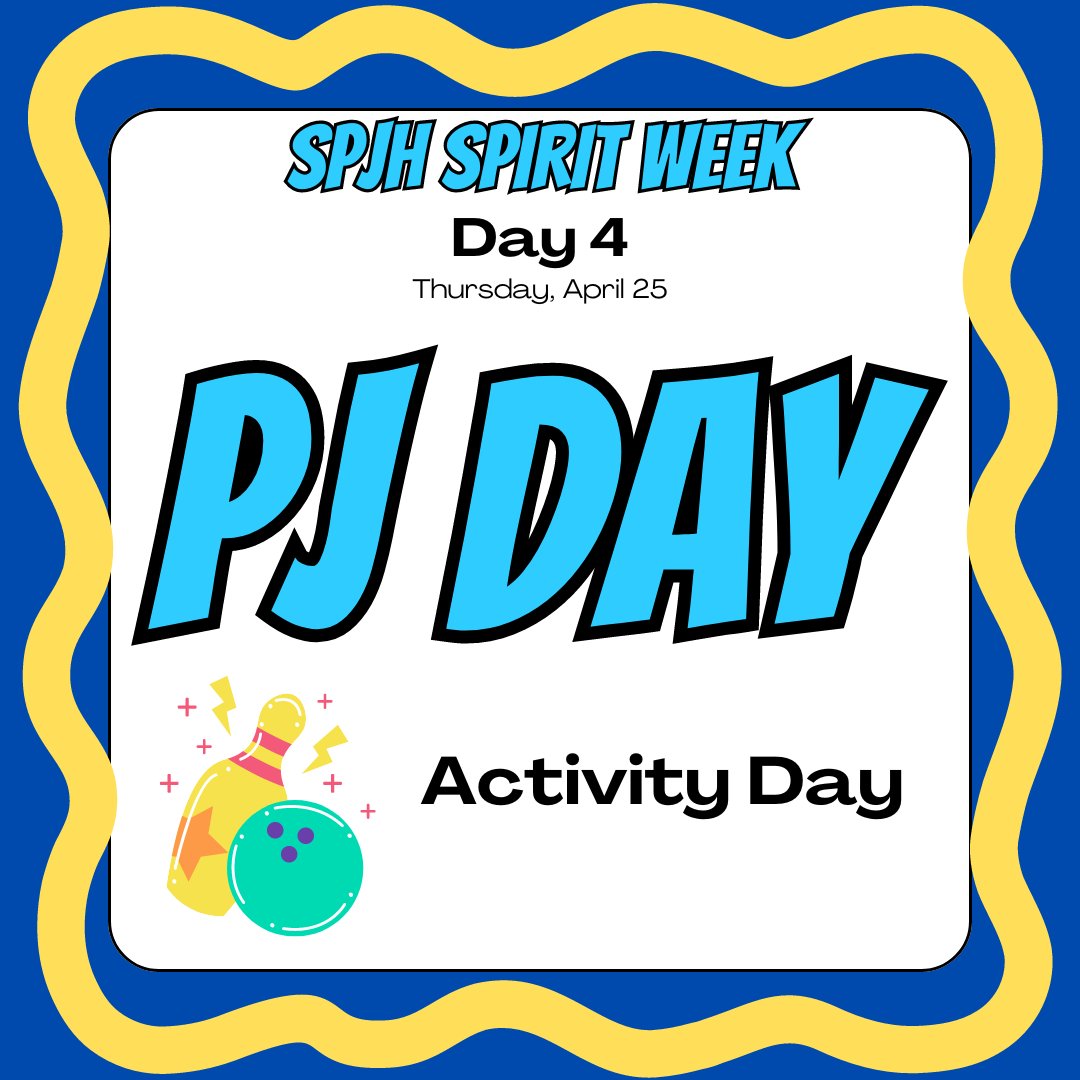 Cozy up for Day 4 of SPJH Spirit Week: 'Pajama Day' tomorrow! 😴 Wear your comfiest jammies to school and get ready for a day packed with fun activities 🎉