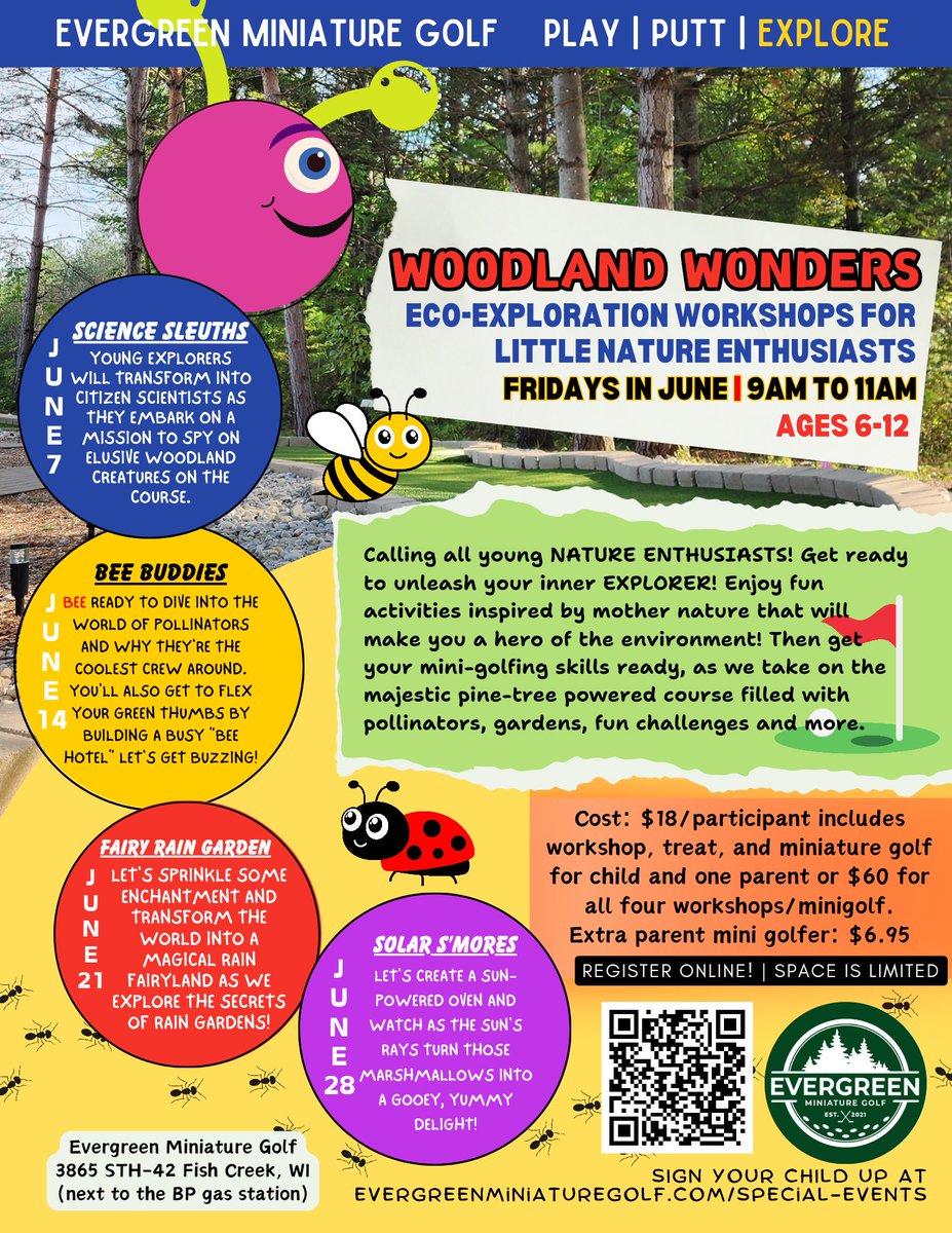 EvergreenMG's tweet photo. Happy Earth Day, friends! 🌎💚 Check out the Nature Workshops we're offering in June for kids &amp; parents! Play | Putt | Explore! ⛳️🐝☀️🐜🌲 Register at our website https://t.co/bo6J3m91NJ under "Special Events." #EarthDay2024 #fishcreek #doorcounty #MiniGolfMonday #playputtexplore https://t.co/EXOHsNG2RG