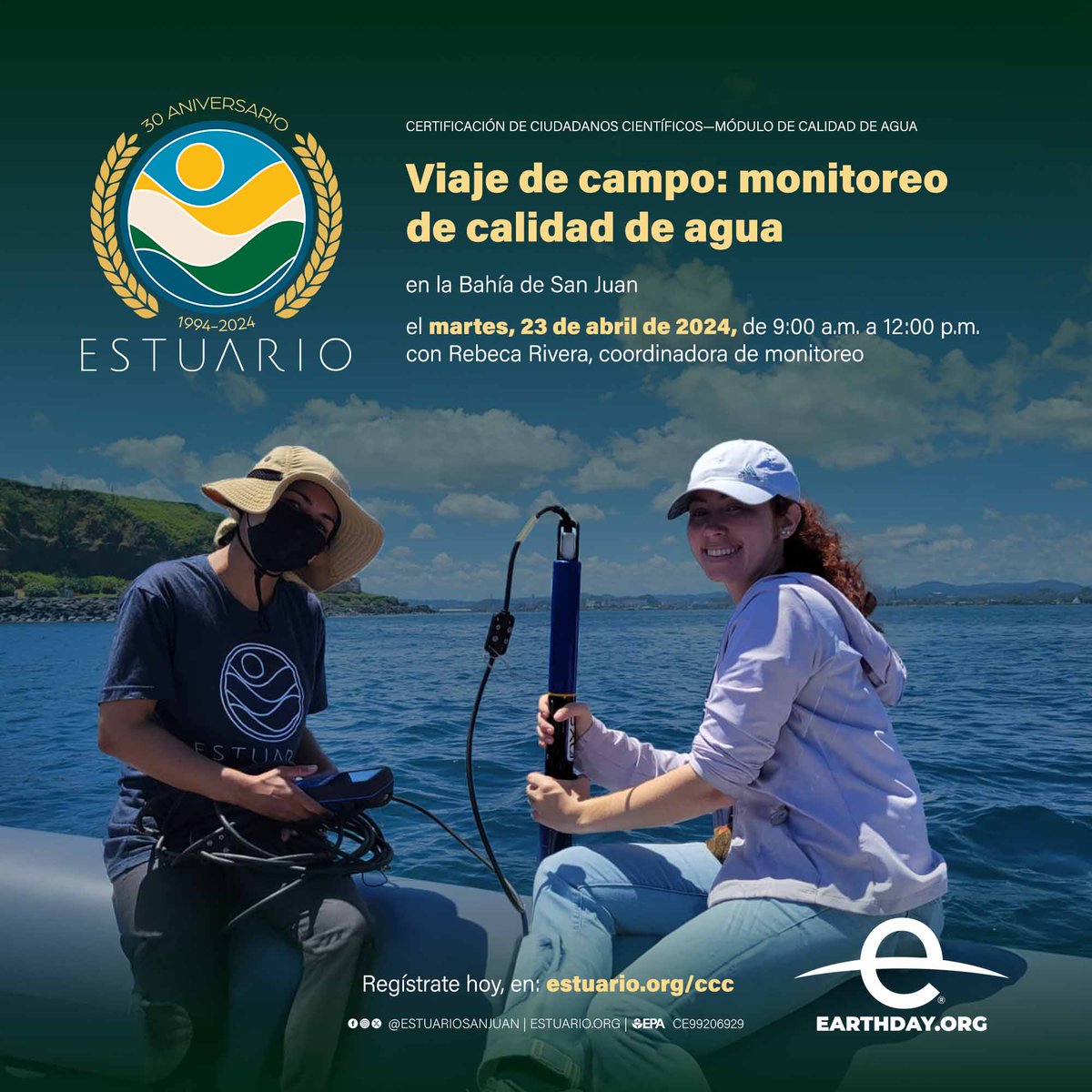 Participa en el monitoreo de calidad de agua por la Bahía de San Juan, el martes, 23 de abril de 2023, de 9:00 a.m. a 12:00 p.m. con la coordinadora de monitoreo, Rebeca Rivera. Regístrate en: estuario.org/ccc — #puertorico #calidaddeagua #earthday