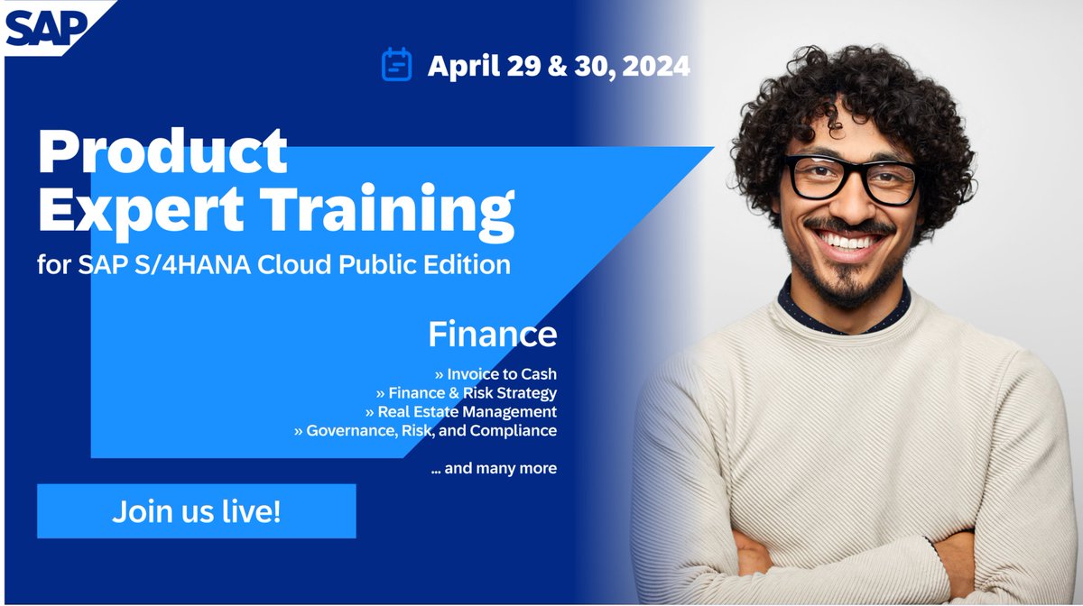 DeissnerKatrin's tweet photo. 📢 Dear @SAP Partners and colleagues, get ready for two days dedicated to all #finance topics (including #tax, #GRC, and SAP #IAG ) at the #SAP #S4HANA #Cloud Product Expert Training 2024! 💸 Take your skills to the next level. 📈 @SAPCloudERP

https://t.co/srzQA1Kj0g https://t.co/4TsiYrdZPq
