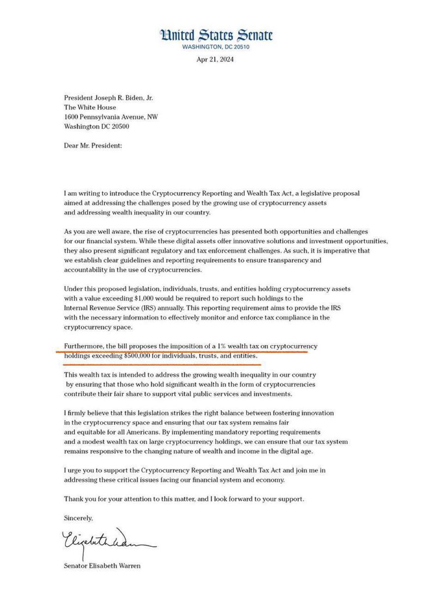 🚨 BREAKING 🚨

The US senate has proposed a 1% wealth tax on #Bitcoin holdings that exceed $500,000.