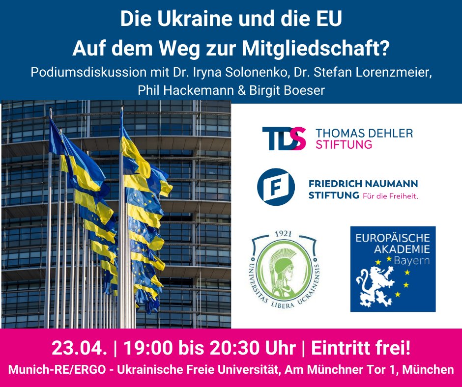 Welche Hürden hat die 🇺🇦 auf ihrem Weg in die EU schon bewältigt? Welche liegen noch vor ihr? Darüber diskutieren wir am Dienstag, 23.4., 19 Uhr an der @UUniversitat! @FNFreiheit @LiberaleModerne @UkrVerstehen @IrynaSolonenko @PhilHackemann