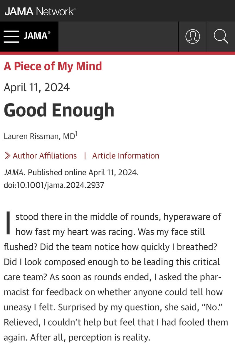 ‘Good Enough’ — We need to keep talking about this👇 Humanities | JAMA | JAMA Network “With more women entering the field, there is a responsibility to be more authentic and vulnerable as we help to shape the next generation.” 🔗 jamanetwork.com/journals/jama/…
