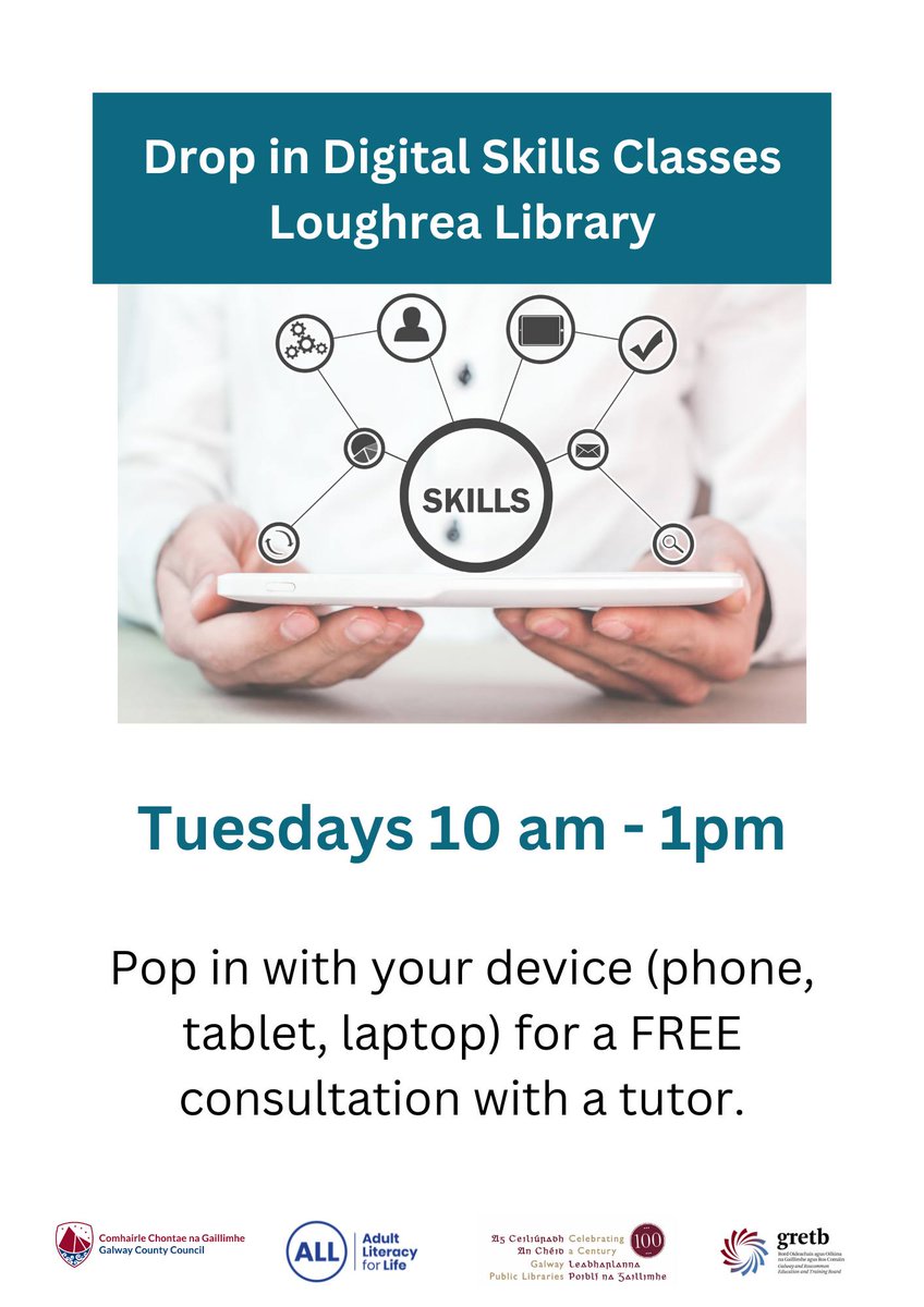 Drop in Digital Skills with tutor Niall Dempsey are starting Tuesday 23rd at 10am-1pm in Loughrea Library.  Why not pop in with your device and get some answers to your tech troubles?

#digitalskills #loughrealibrary #adultliteracyforlife #adviceonyourdevice #gretb