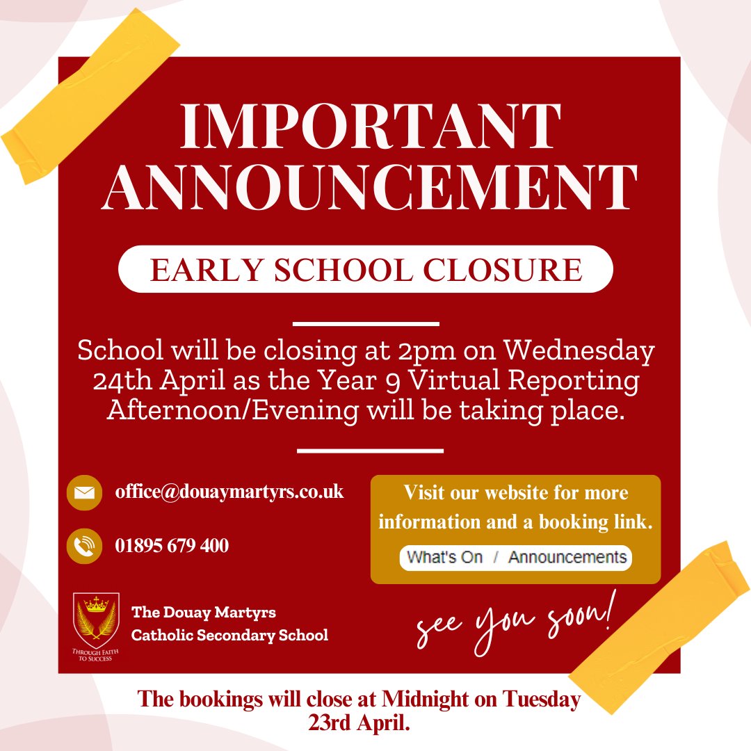 Our #school will close early at 2 PM on Wednesday 24th of April, as the Year 9 Virtual Reporting Afternoon/Evening will be taking place.

Our #Year8 Virtual #Parent Afternoon/Evening on 7th of May 2024, is also coming up. Stay tuned for details.🌱

#Ickenham