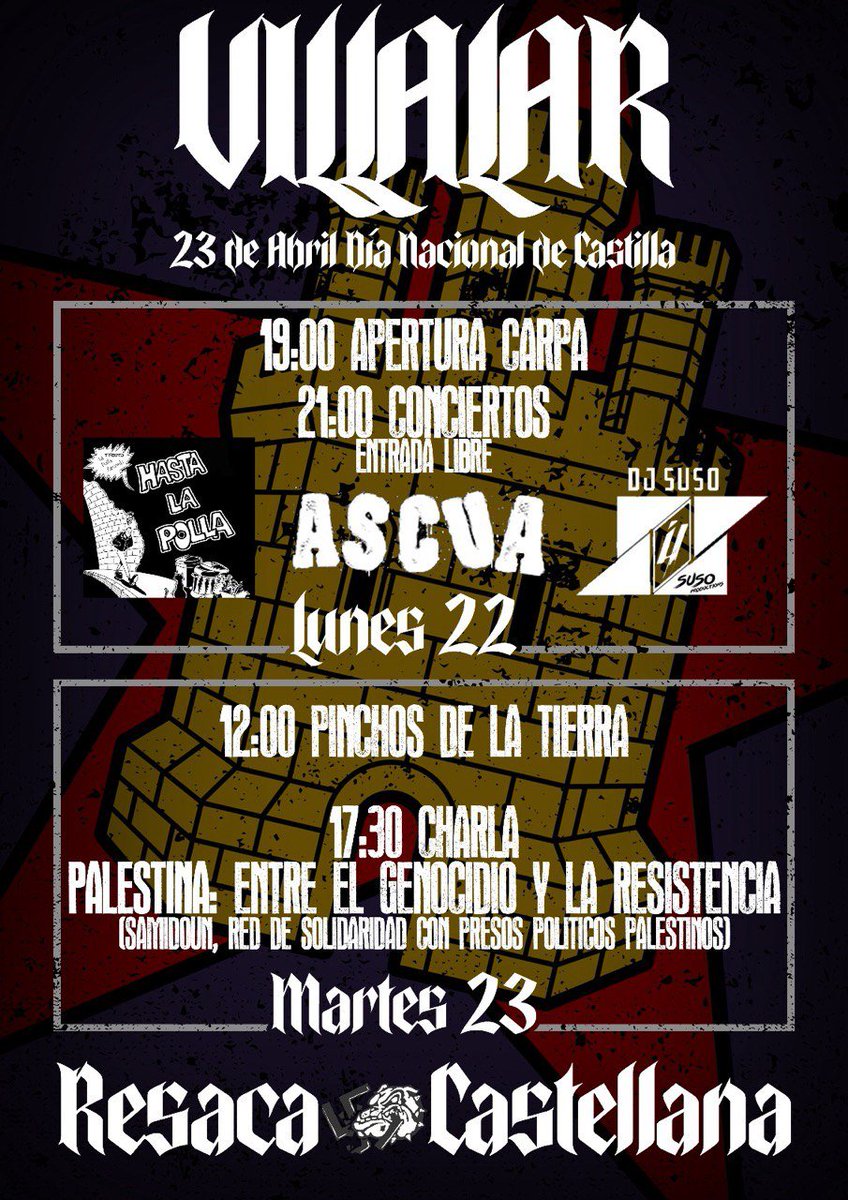 Ha llegado el día,  desde las 19:00 podreis encontrarnos en nuestra carpa, precios populares, buen ambiente,  música en directo, y  puesto de material de ayuda a lxs encausados, entre otras actividades. 

¡Todoxs a Villalar!