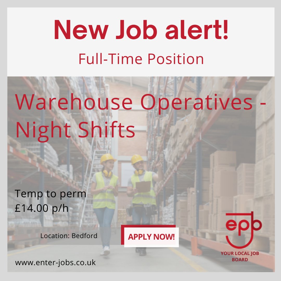 Insight Employment are seeking Warehouse Operatives for night shifts for a client of theirs based in Elm Farm, Bedford for an immediate start.
Apply now via our website enter-jobs.co.uk/Applicant/Show…

#WarehouseOperatives #WarehouseWorkers #WarehouseJobs #bedford #bedfordshire