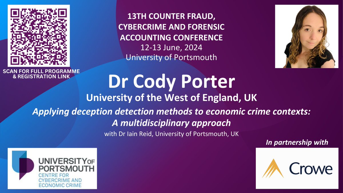 Dr Cody Porter is a Senior Lecturer in Psychology at @UWEBristol. Her paper, co-delivered with Dr Iain Reid, will discuss the application of lie-detection tools & techniques in different sectors of economic crime, as part of our #frauddetection theme.
port.ac.uk/news-events-an…