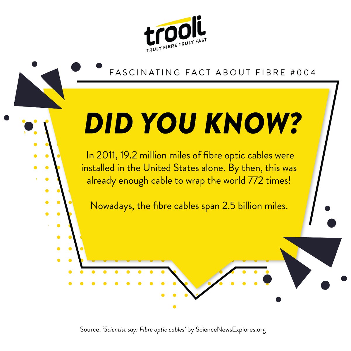 Think the internet connects the world? Fibre optic cables literally do! In 2011, the US installed enough fibre to wrap the Earth 772 times! That's some serious connectivity!
#fttp #fibreoptic #fullfibre #fullfibrebroadband