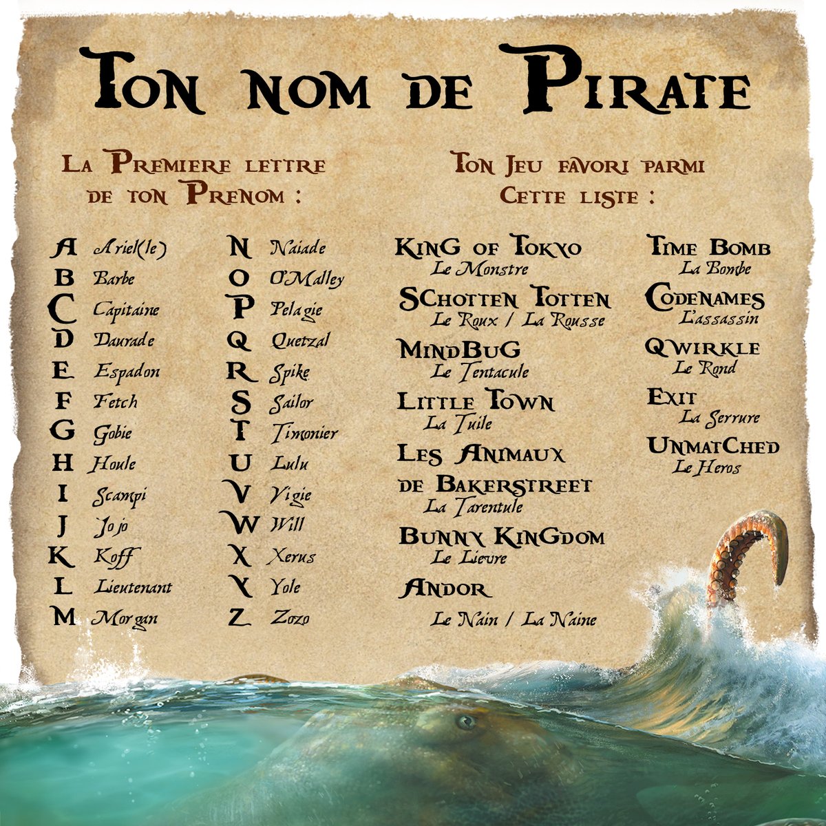 ⏳ À quelques jours de la sortie du jeu L'Ombre du Kraken 🦑, il est grand temps de découvrir votre nom de Pirate pour embarquer dans L'Instable ⚓☠ En route mauvaise troupe ! 💛 #jds #j2s #iello #pirate