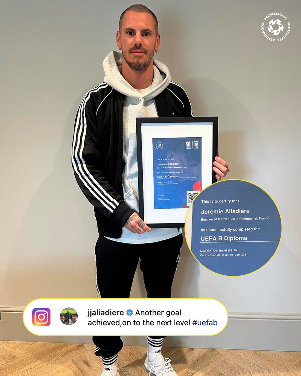 Congrats, Jeremie Aliadière 👏 @UEFA B Diploma ✅ Great to have supported Jeremie on the start of his coaching journey. Interested in coaching? ➡️ thepfa.com/players/coachi…