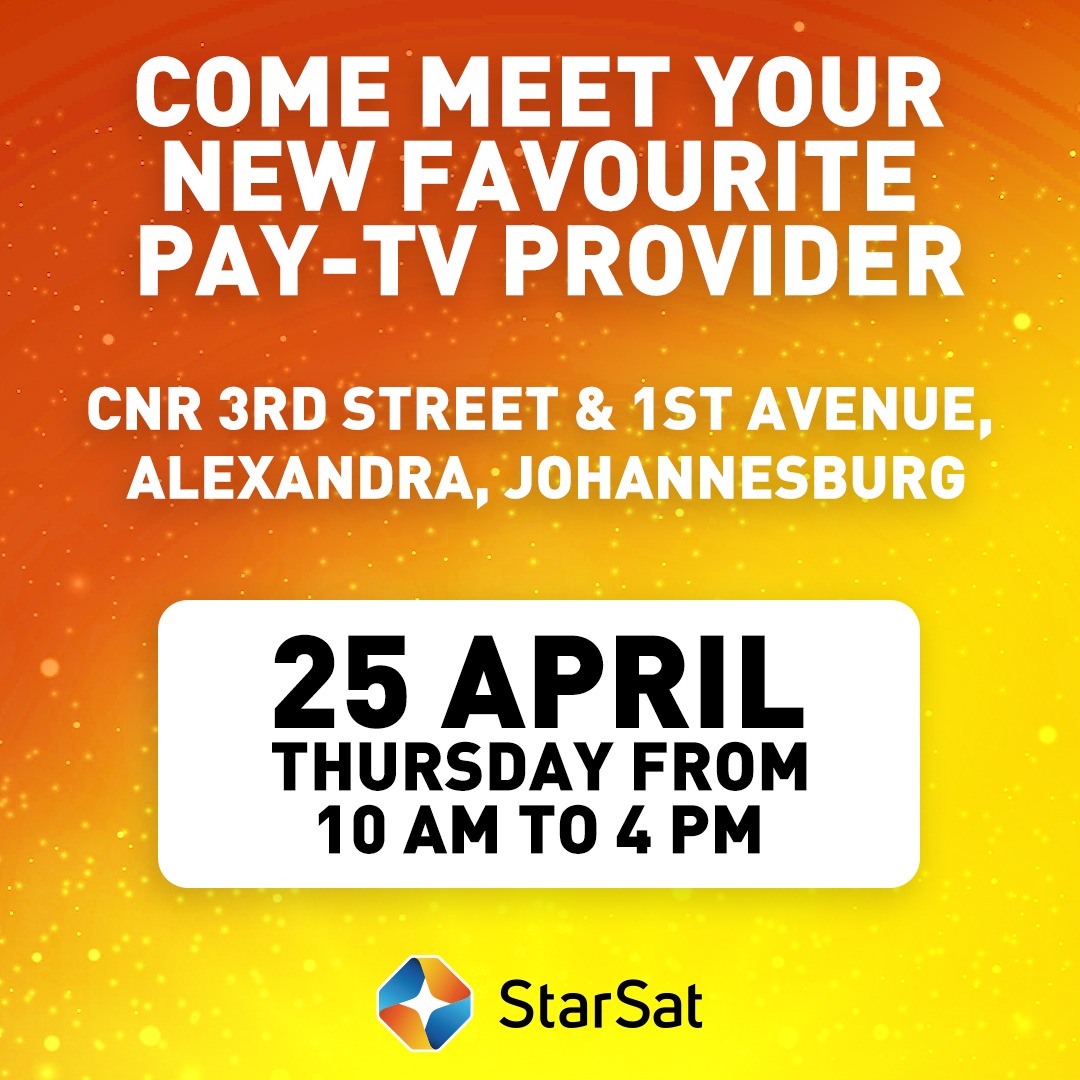 Cava Alexandra, Johannesburg residents! 🗣️🗣️🗣️
Come join us for a fun-filled day and discover all the exciting offerings from StarSat!🌟
#starsat #meetandgreet #Alexandra #event #fun #changeyourview #itshappening #comingtoyourtown #paytv #seeyouthere #CavaLento #SaveTheDate