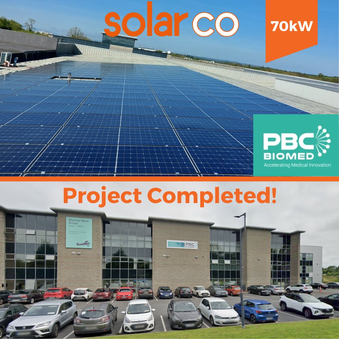 New Project Completed! #PBCBiomed in #Shannon, #Clare are now set up to enjoy the summer sunshine! 70kW of #SolarPV panels were erected on their rooftop. Very pleasing to help the #pharmaceutical industry #decarbonise their #electricity. #solarco #woodco #pharma
