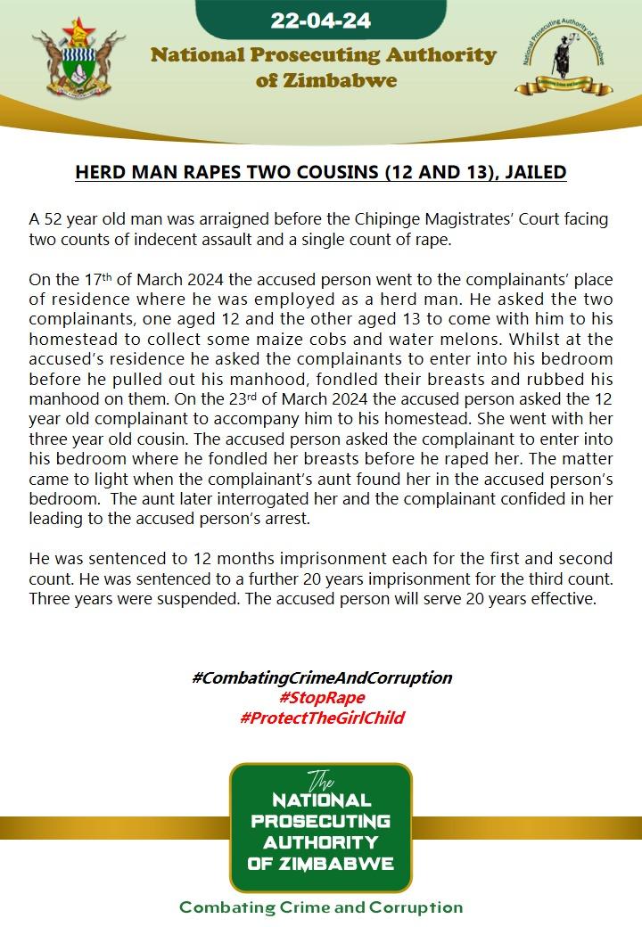 Herd man rapes two cousins (12 and 13), jailed 
#CombatingCrimeAndCorruption 
#StopRape 
#ProtectTheGirlchild 
@childlinezim @LRFZimbabwe @OMpslsw