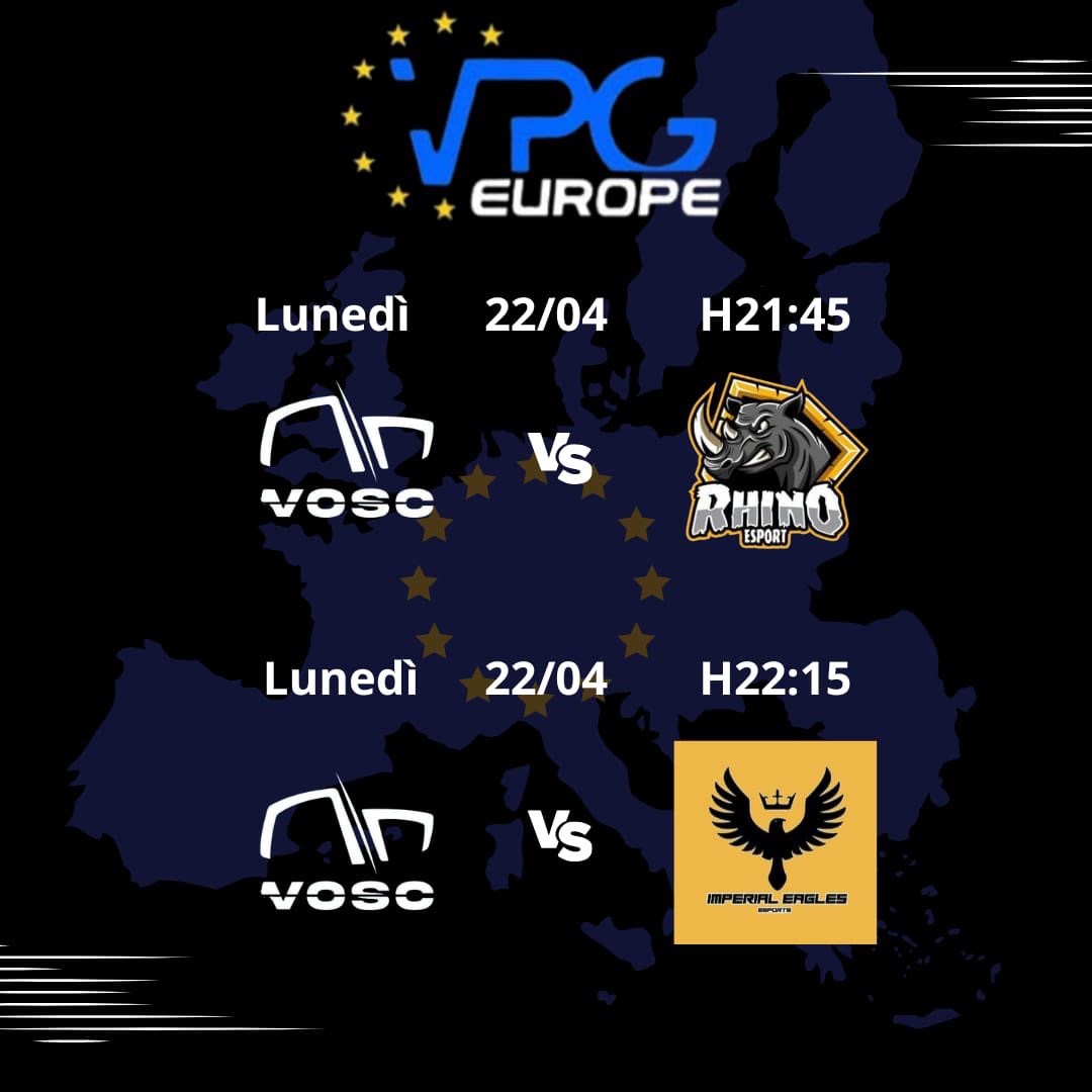 Stasera esordio in vpg europa league four!!💪🏻💪🏻

📌 21,45 VS <a href="/Rhino_eSportsPS/">Rhino eSports</a> 

📌22,15 VS <a href="/Imperial_Eagles/">Imperial Eagles Esports</a>