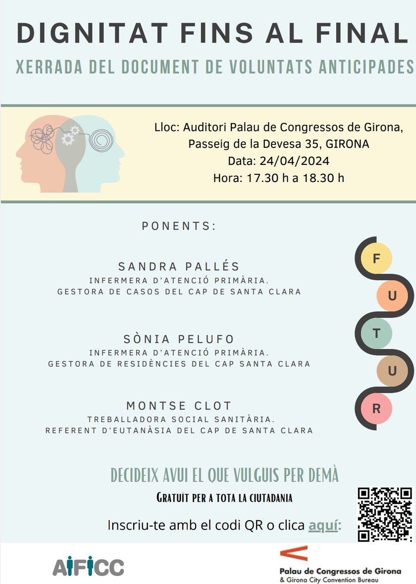 Saps què és el Document de Voluntats Anticipades? És la manera de deixar constància de quin tractament mèdic voldrieu rebre si algun dia patiu una malaltia incurable i discapacitant. Per saber-ne més: 📅 24 d'abril 🕛 De 17.30 h a 18.30 h 📍Auditori Palau de Congressos