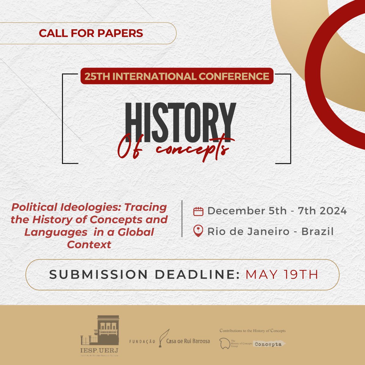 📢Reminder: the submission deadline for our conference is May 19th! More information and the #CfP down below or on our homepage bit.ly/HCG2024! 
🎊After 20 years, the International Conference on the History of Concepts returns to Rio de Janeiro – please share and apply!