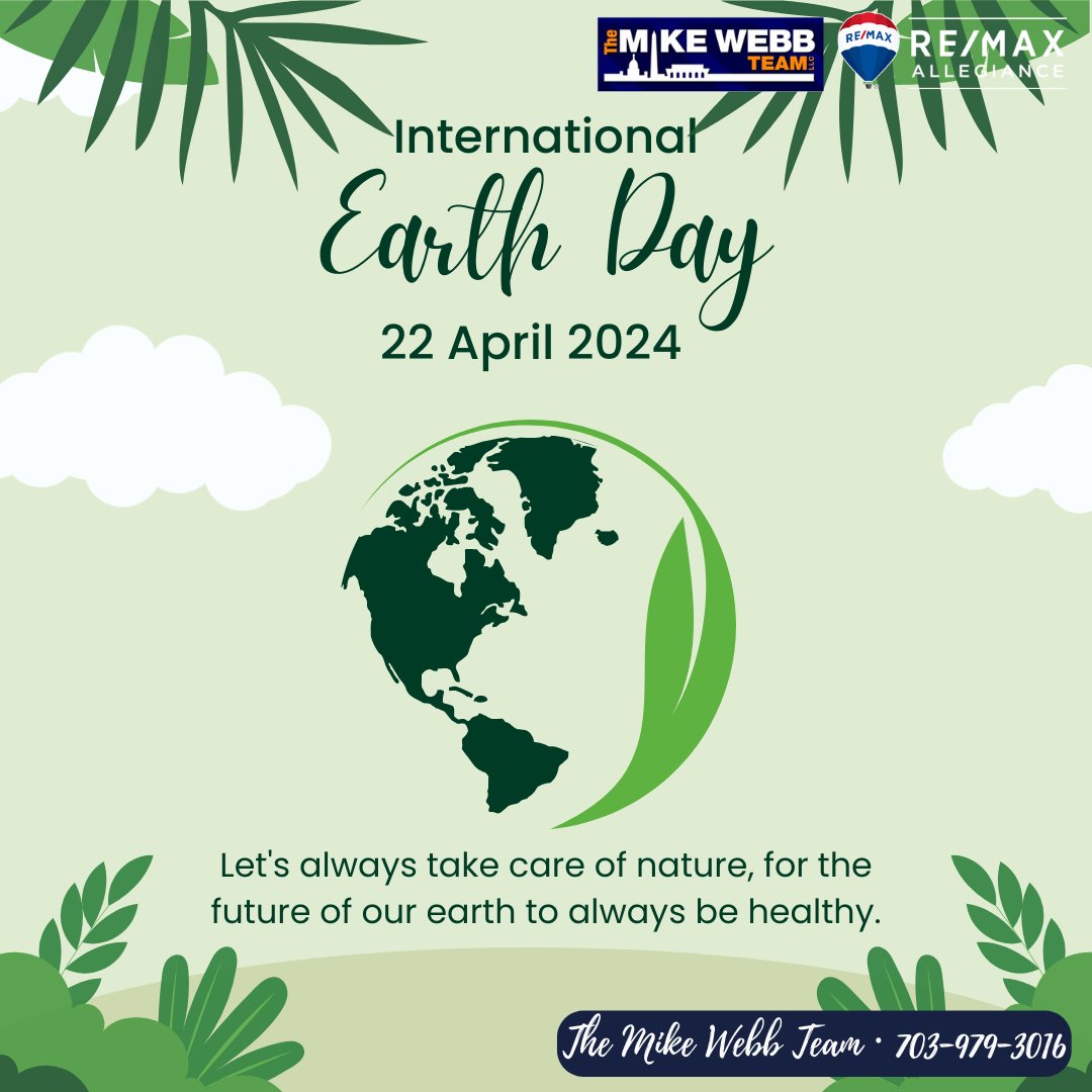 🌍💚 Happy International Earth Day!

Let's always take care of nature, for the future of our earth to always be healthy.

#remaxallegiance #themikewebbteam #EarthDay #protectnature #ProtectMotherEarth #SaveMotherEarth