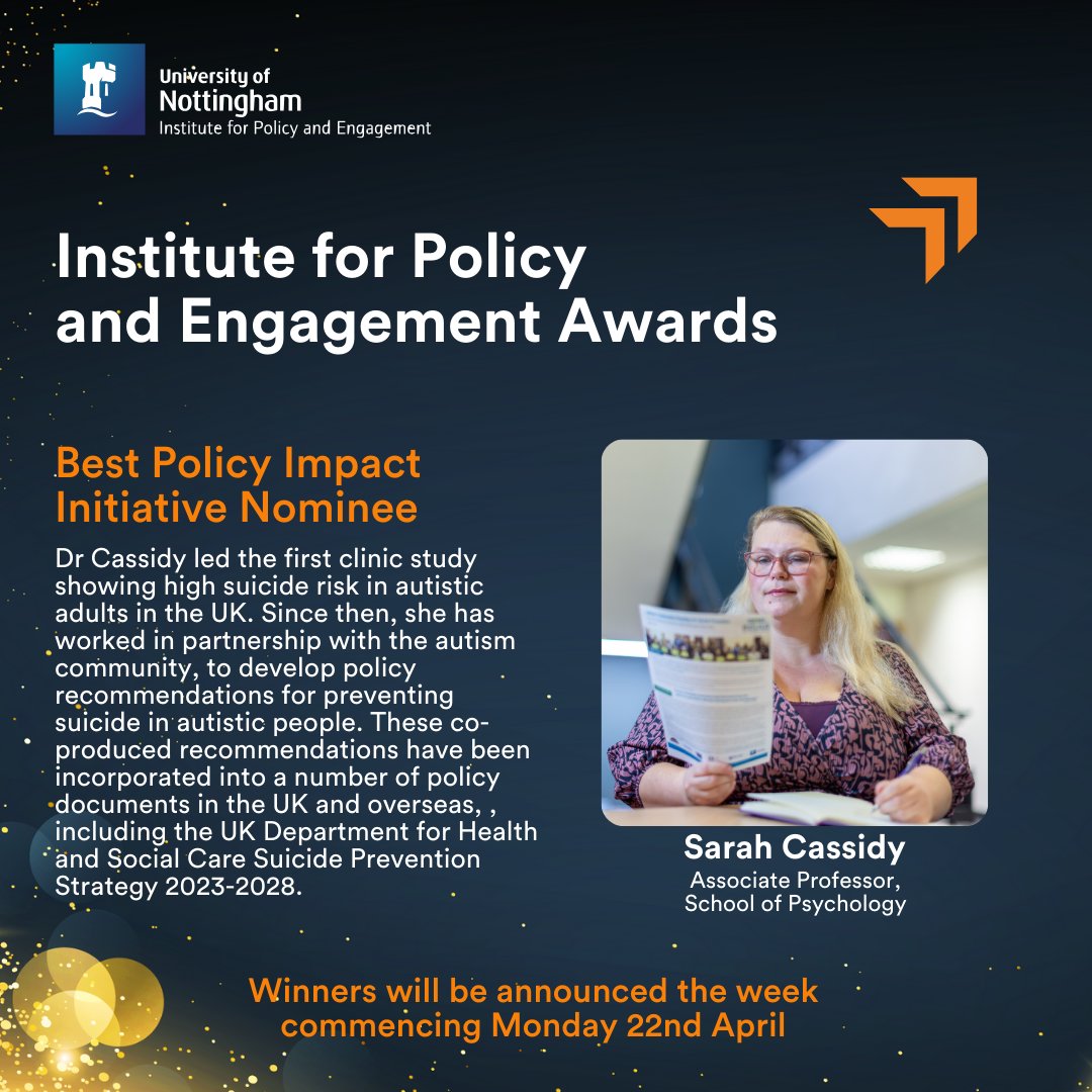Congratulations to @Sarah_NottsUni of @notts_psych, nominated under the Best Policy Impact Initiative category #IPEAwards

Sarah works in partnership with different autistic communities to develop policy recommendations which have been adopted globally.