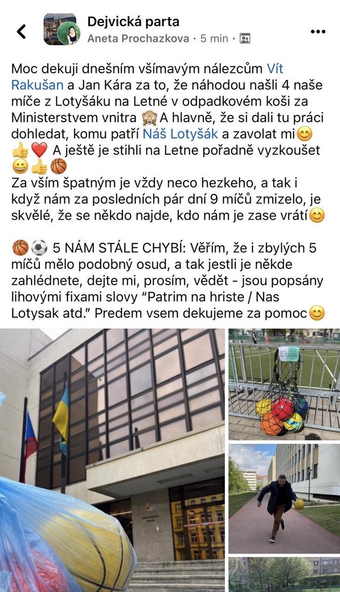 Hledá se 5 míčů! Ne, nejde o miliony, ale pokud byste je někde v okolí našli, tak jako my na Letné za vnitrem, a vrátili je na hřiště, kam patří, budete milionový!