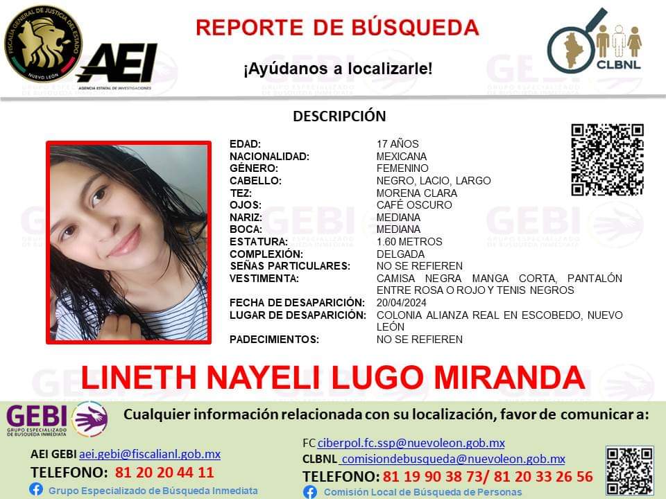Cicmty's tweet photo. 🚨 #ServicioSocial solicitamos su colaboración para localizar a la adolescente LINETH NAYELIN LUGO MIRANDA, desapareció en la colonia Alianza Real #Escobedo