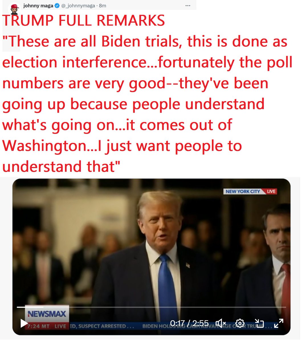 🇺🇸❤️PATRIOT FOLLOW TRAIN❤️🇺🇸 🇺🇸❤️HAPPY MONDAY !❤️🇺🇸 🇺🇸❤️DROP YOUR HANDLES ❤️🇺🇸 🇺🇸❤️FOLLOW OTHER PATRIOTS❤️🇺🇸 🔥❤️LIKE & RETWEET IFBAP❤️🔥 🇺🇸❤️PRAY FOR TRUMP❤️🇺🇸 TRUMP FULL REMARKS 'These are all Biden trials, this is done as election interference...fortunately the poll