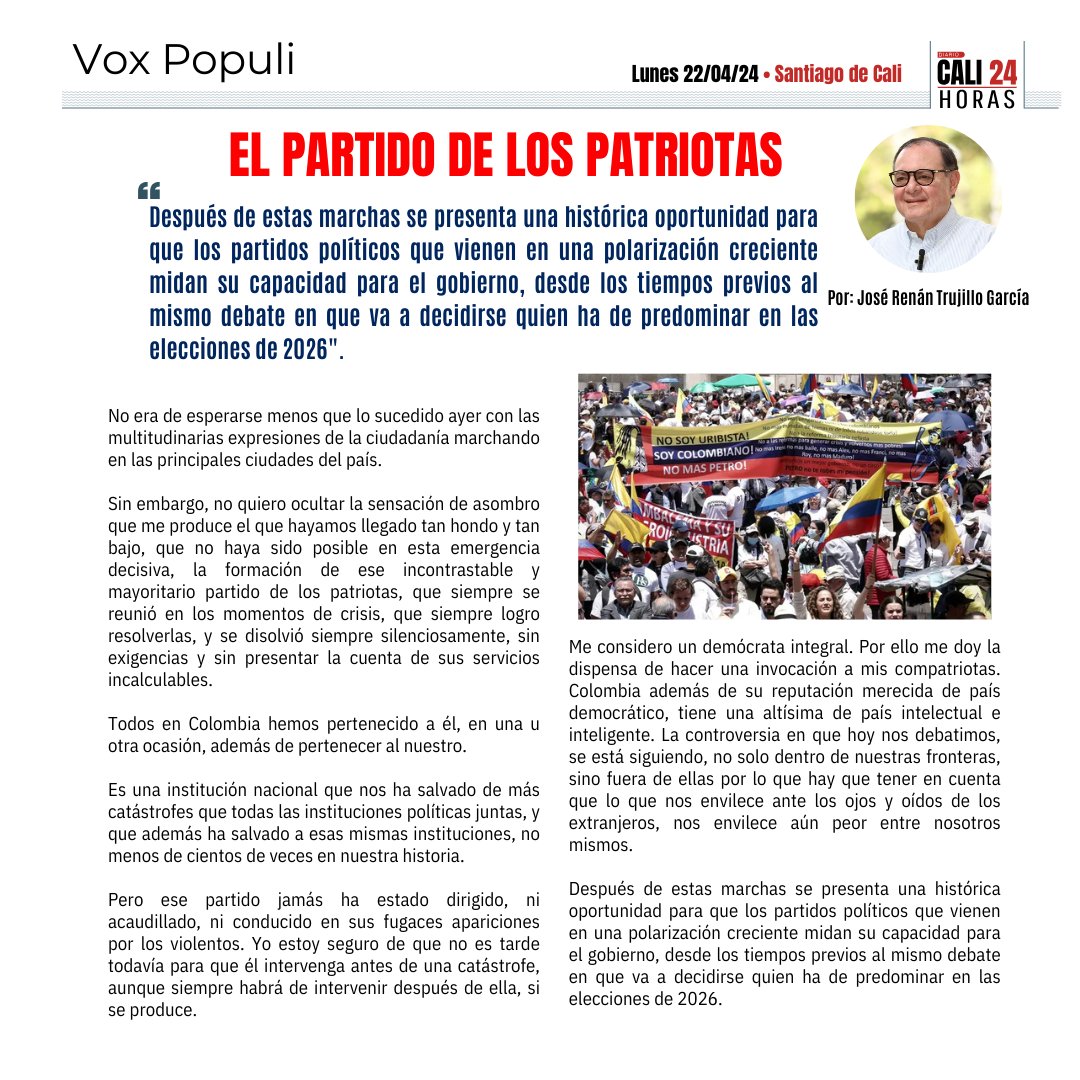 Los invito a leer mi columna de hoy en Cali24Horas 'El partido de los Patriotas' #partidospoliticos #congreso #presidencianacional #Petro #mediosdecomunicacion.