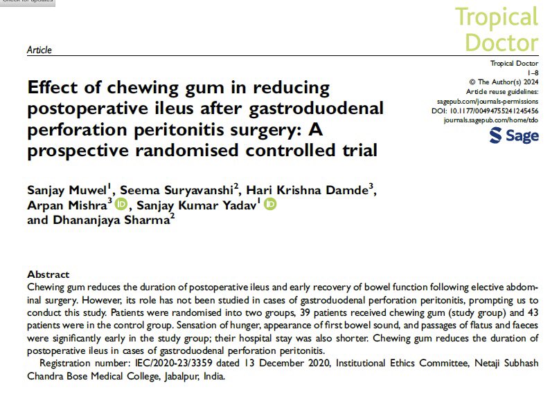 Happy to share our latest publication!

Chewing gum reduces the duration of postoperative ileus and enhances early recovery of bowel function not only after elective abdominal surgery but also in cases of gastroduodenal perforation peritonitis 😊