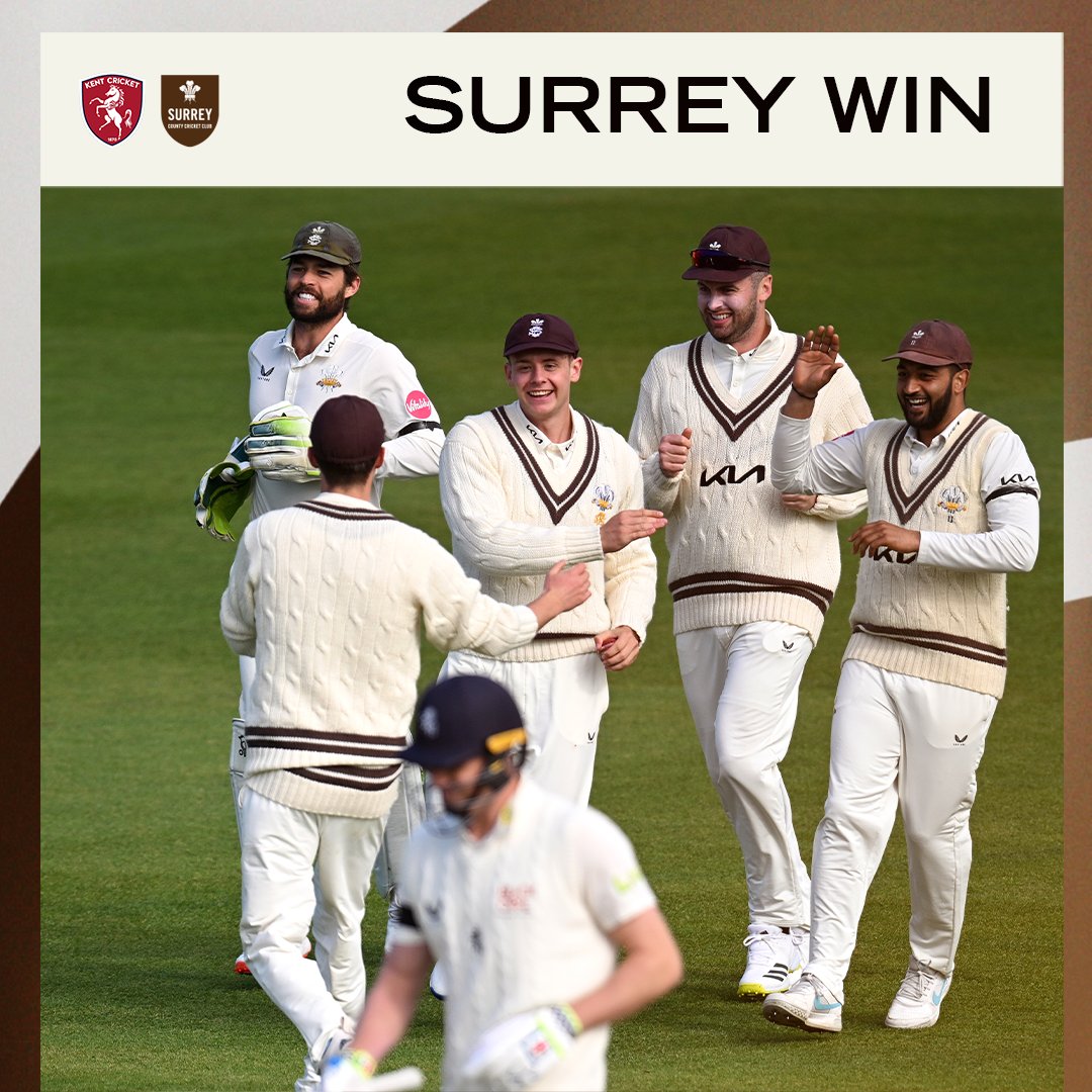 Victory in Kent! 💪 Surrey win by an innings & 37 runs after Parkinson is brilliantly caught at short leg off the bowling of Roach for 39! 24 points on the board! 🤎 | #SurreyCricket