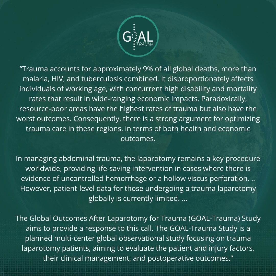 New GOAL-Trauma publication in thr World Journal of Surgery!✨️ Read here now 👀 pubmed.ncbi.nlm.nih.gov/38629785/ Data collection has begun, with collaborators signing up their centres from around the world! 🌍🌏🌎 Join now at goaltrauma.org @GOALTrauma