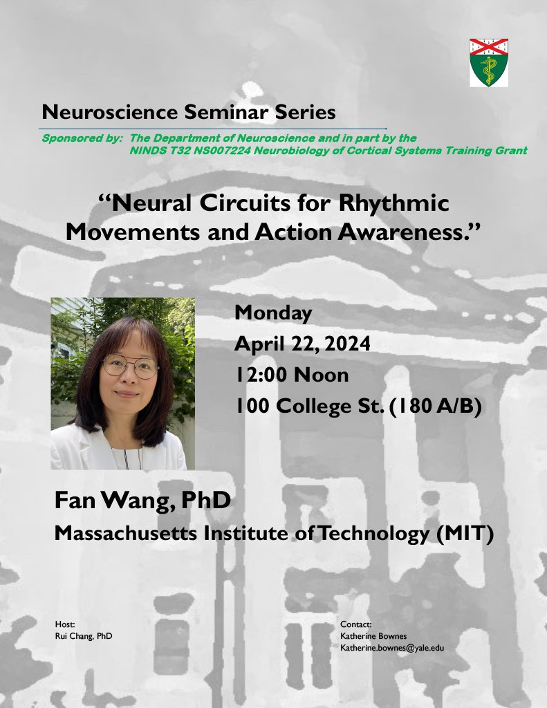 Stop by today at noon 🕛for @MIT's Fan Wang talk on the 'Neural Circuits for Rhythmic Movements and Action Awareness.' 🧠💃🕺 Thank you to @YaleMed's Rui Chang for hosting! We can't wait to see you there!