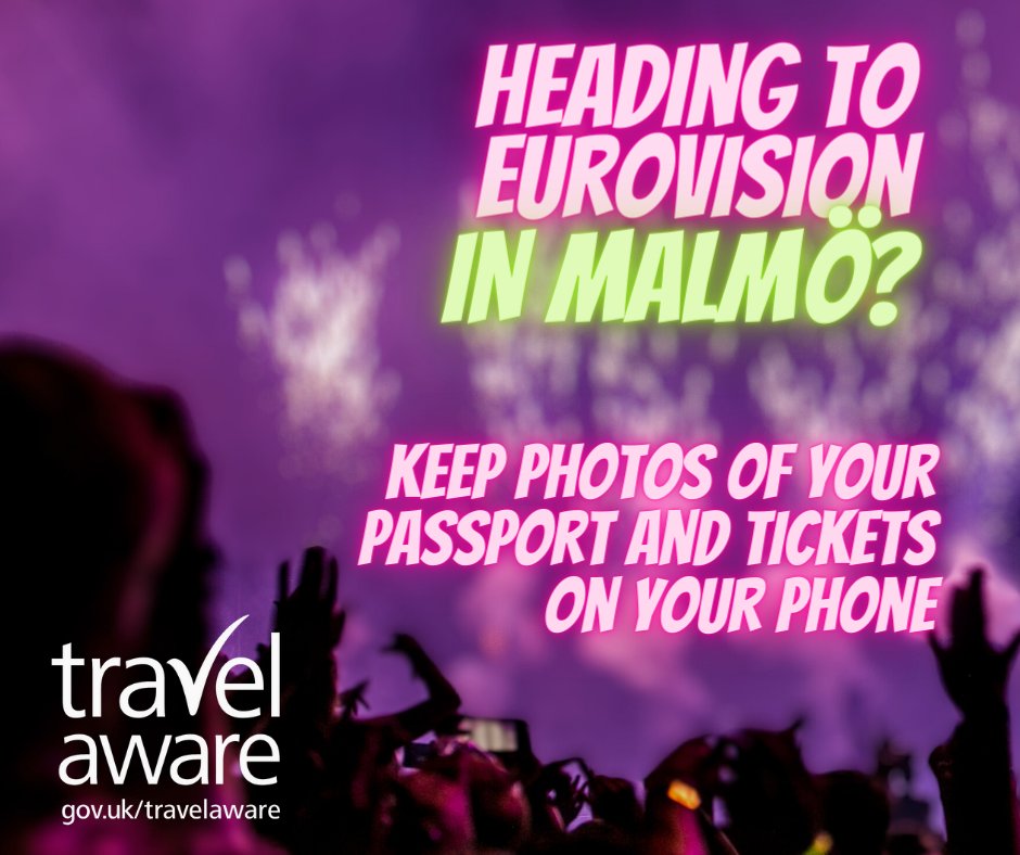 🎙️Are you travelling to Eurovision in Malmö? 📱Consider keeping photos of your passport and other important documents on your phone. Sign up here to get travel advice alerts for Sweden: gov.uk/foreign-travel…