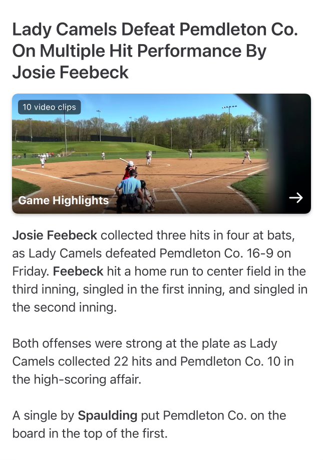 josiefeebeck24's tweet photo. Had a big win last Friday against Pendleton Co, Me and @camelsoftball secured the win 16-9. I went 3-4 at the plate with a 3R HR. @OhioTbolts2027 @UKCoachLawson @NKUSBCoachG @LouisvilleSB @NDsoftball @ExtraInningSB https://t.co/EHOxEsRASW