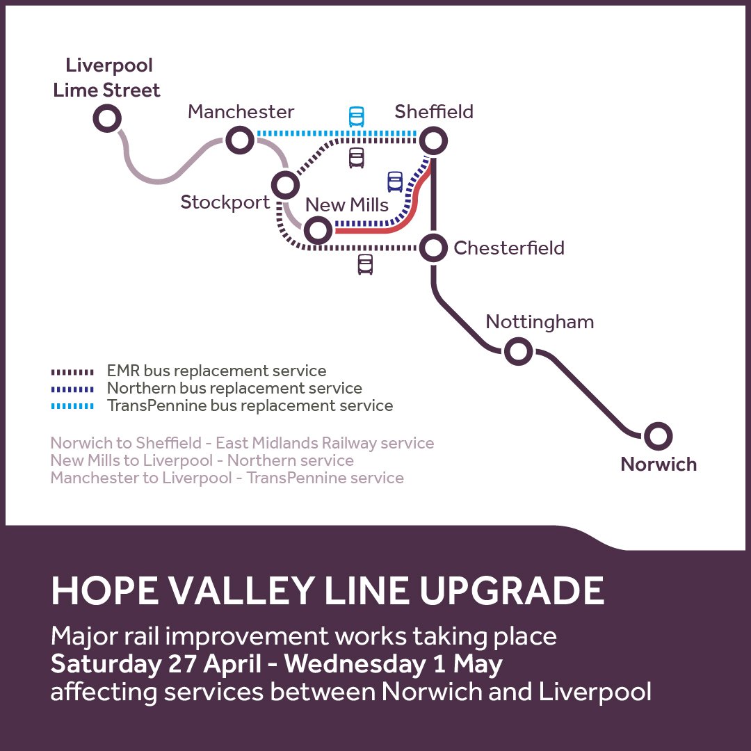 The Hope Valley Line is being upgraded from Saturday 27 April to Wednesday 1 May. As a result, we will be operating a reduced service on the Liverpool to Norwich route. Please check before you travel and expect extended journey times👇 eastmidlandsrailway.co.uk/hope-valley-up…
