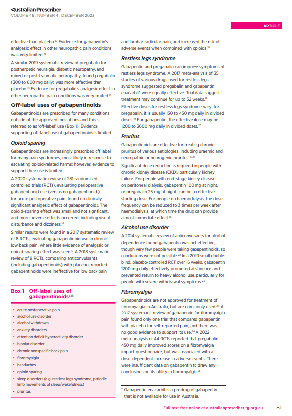 sefh_'s tweet photo. El uso de gabapentinoides fuera de indicaciones aprobadas es común, pero evidencia limitada

Además, precaución al prescribirlos fuera de ficha técnica por riesgos de efectos adversos graves, dependencia y abstinencia

📚Revisión @AustPrescriber https://t.co/qm1G3kyrM9 https://t.co/pOIuNyrXZk