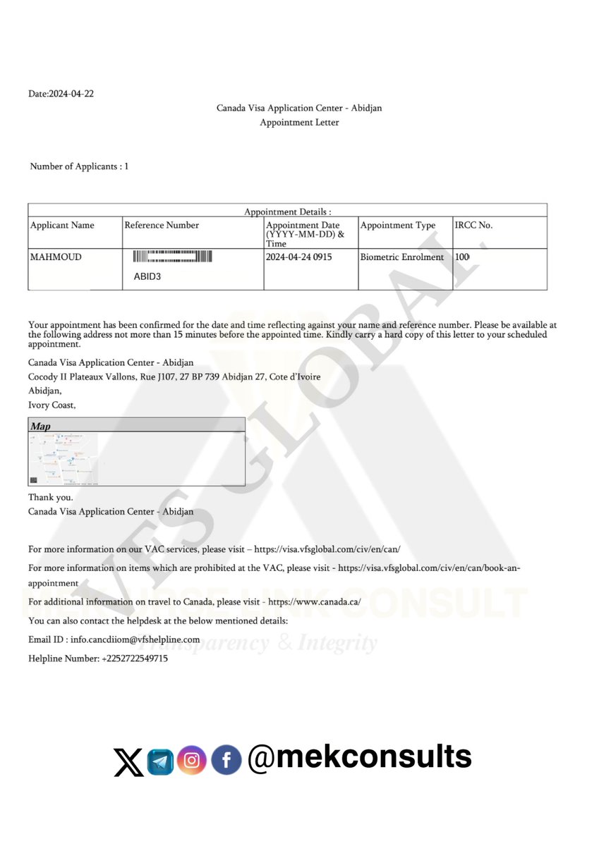 Oh yes, I can do it in French too. A Mauritanian in Cote D'Ivoire. Application submitted on 22-04-2024 Appointment on 24-04-2024 Let's talk about your visa applications. No stress at all! Join my Telegram Channel t.me/mekconsults And follow my agency page @mekconsults