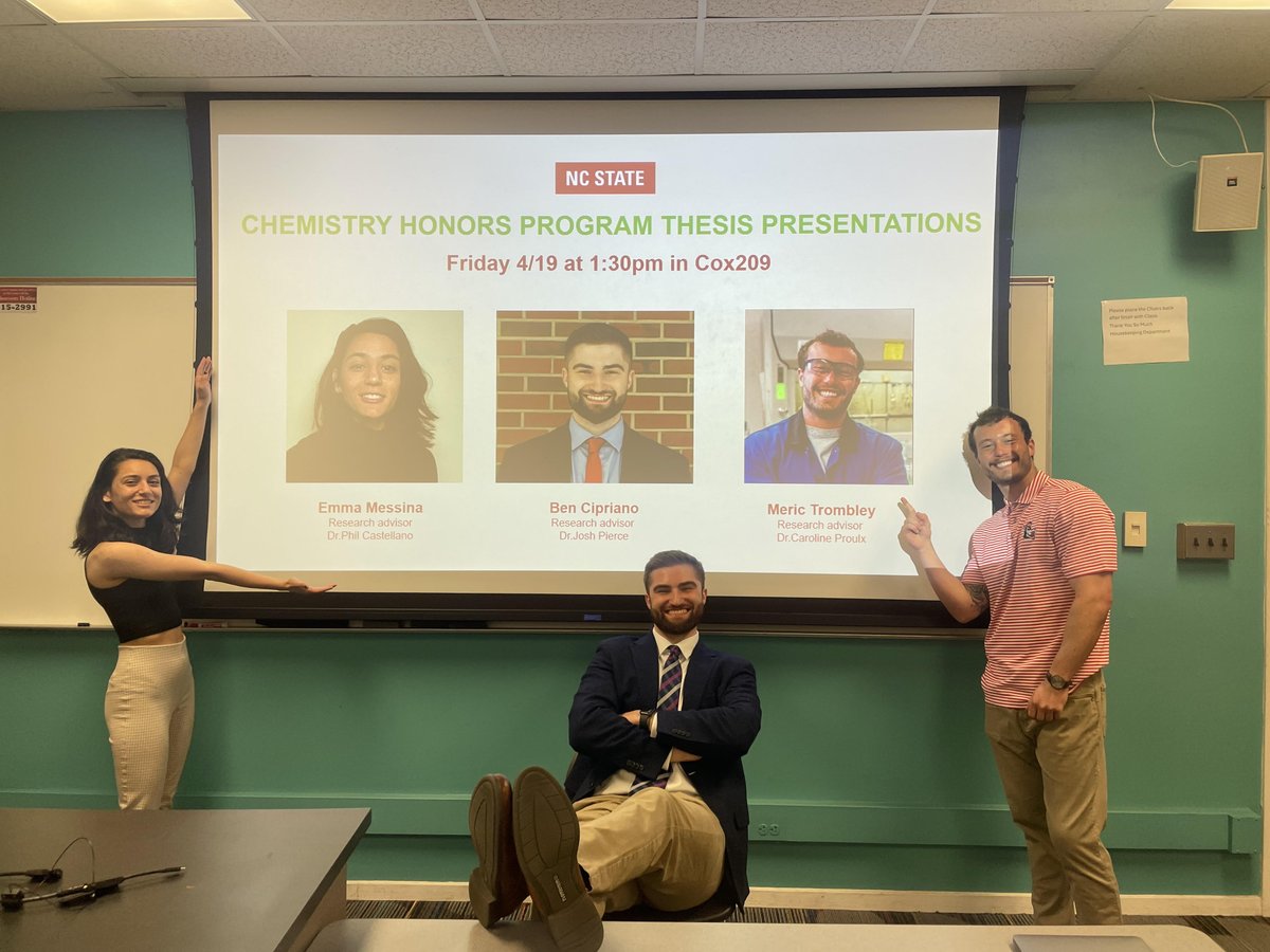 Congrats, Chemistry Honors Program students! You did an amazing job last Friday presenting a summary of your research accomplishments! Well done, Emma Messina, Ben Cipriano and Meric Trombley! #chempack @BenCiprian93584 @MericTromb @emmamessina @NCStateSciences @NCStateChemGSA