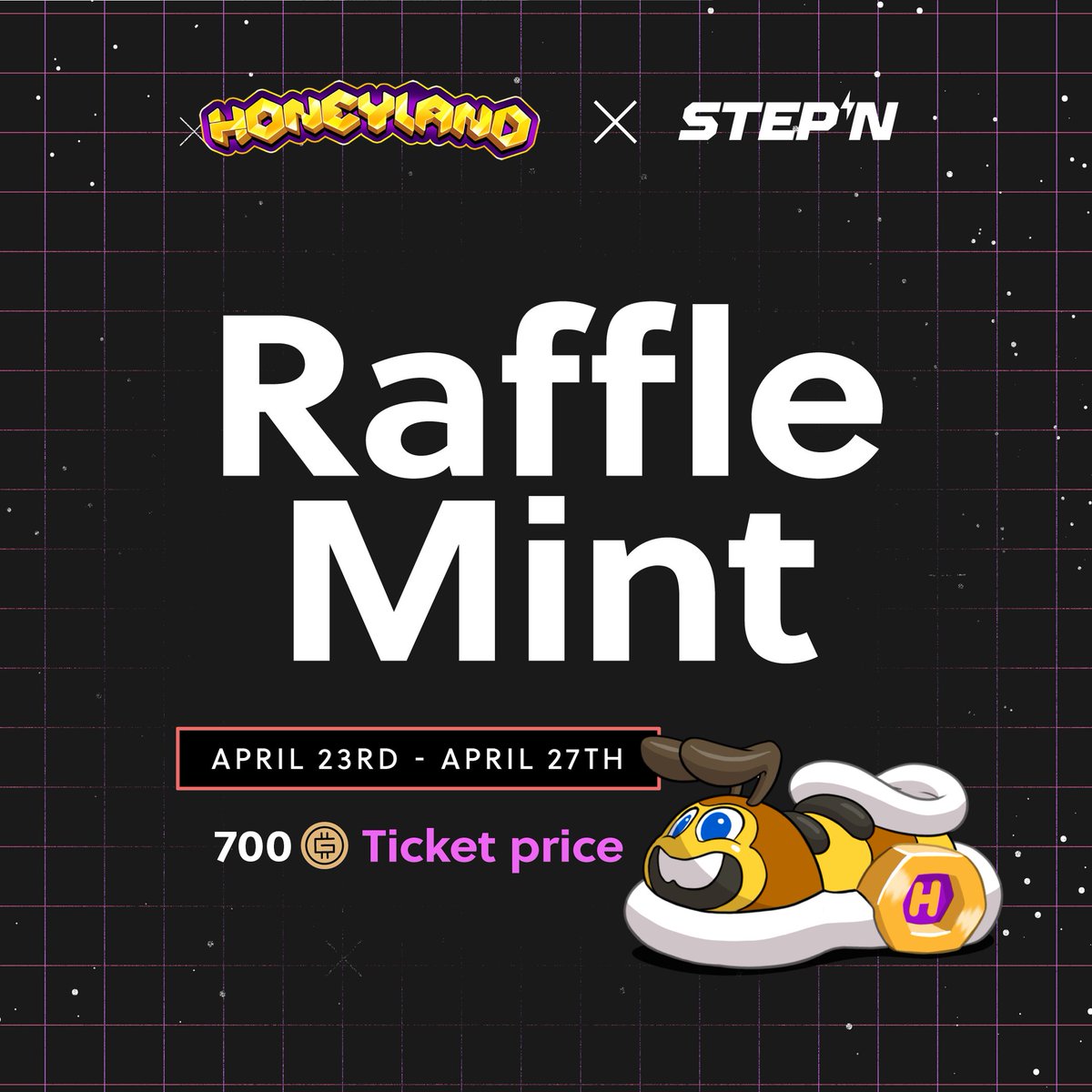 STEPN x @PlayHoneyland 🐝 #Honeyland is a free-to-play strategic game available on Android & iOS, where you can compete in quests & PVP battles to collect honey for your Hive 🕹️ We're starting our partnership with a Raffle Mint featuring 100 co-branded #STEPN x Honeyland…