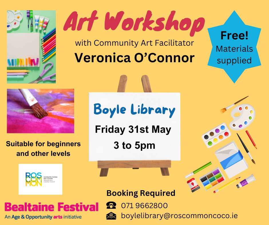 🎨🖌Free #Bealtaine Festival Art Workshops with Veronica O’Connor, Community Art Facilitator. Booking required. Fri 31 May #Boyle Library 3 – 5pm 📞 071 9662800 or 📧boylelibrary@roscommoncoco.ie @roscommoncoco
