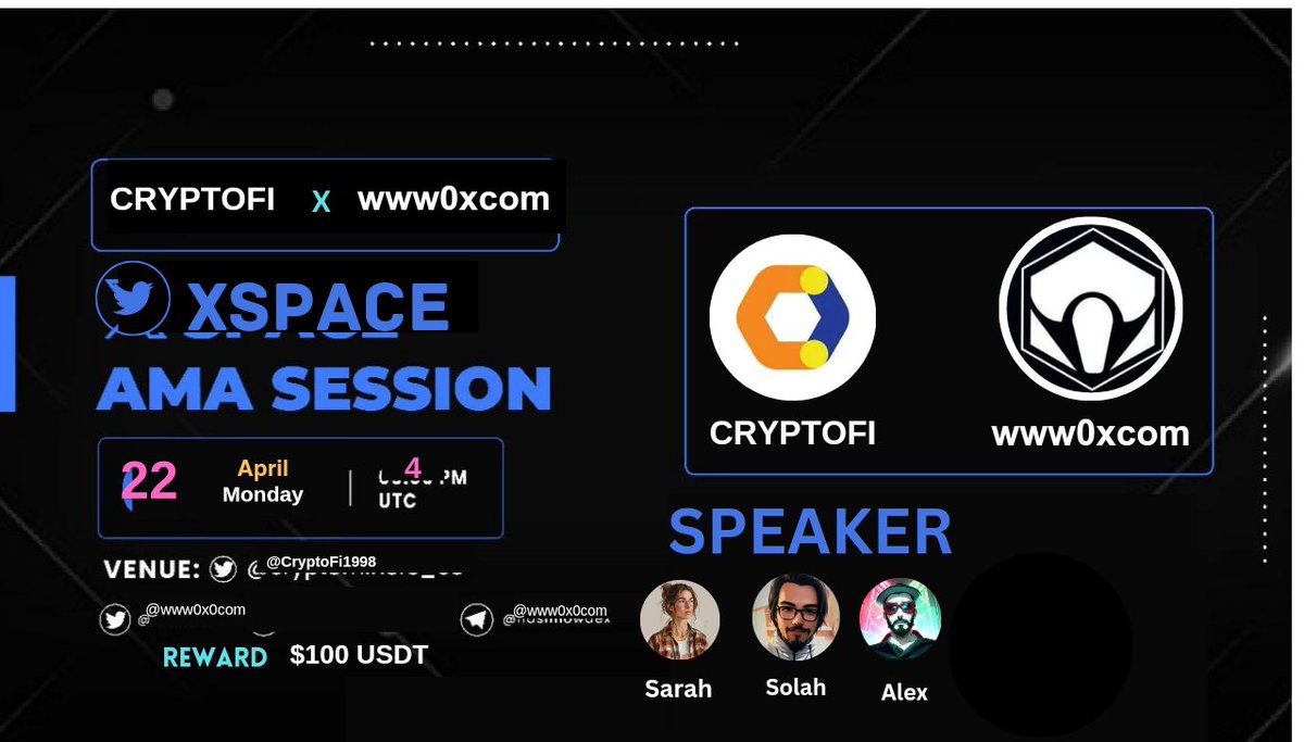 We're thrilled to announce our next #AMA With www0x0com  'on 22th,April  ,2024 at 2 PM UTC 

🔶 XSpace AMA    🔶

🏠Venue: x.com/i/spaces/1lPKq… 

🎁 Reward Pool: $100 BUSD

🔰Rules
Follow @CryptoFi1998 &  @www0x0com 

💠 Comment & Like,Retweet & Follow