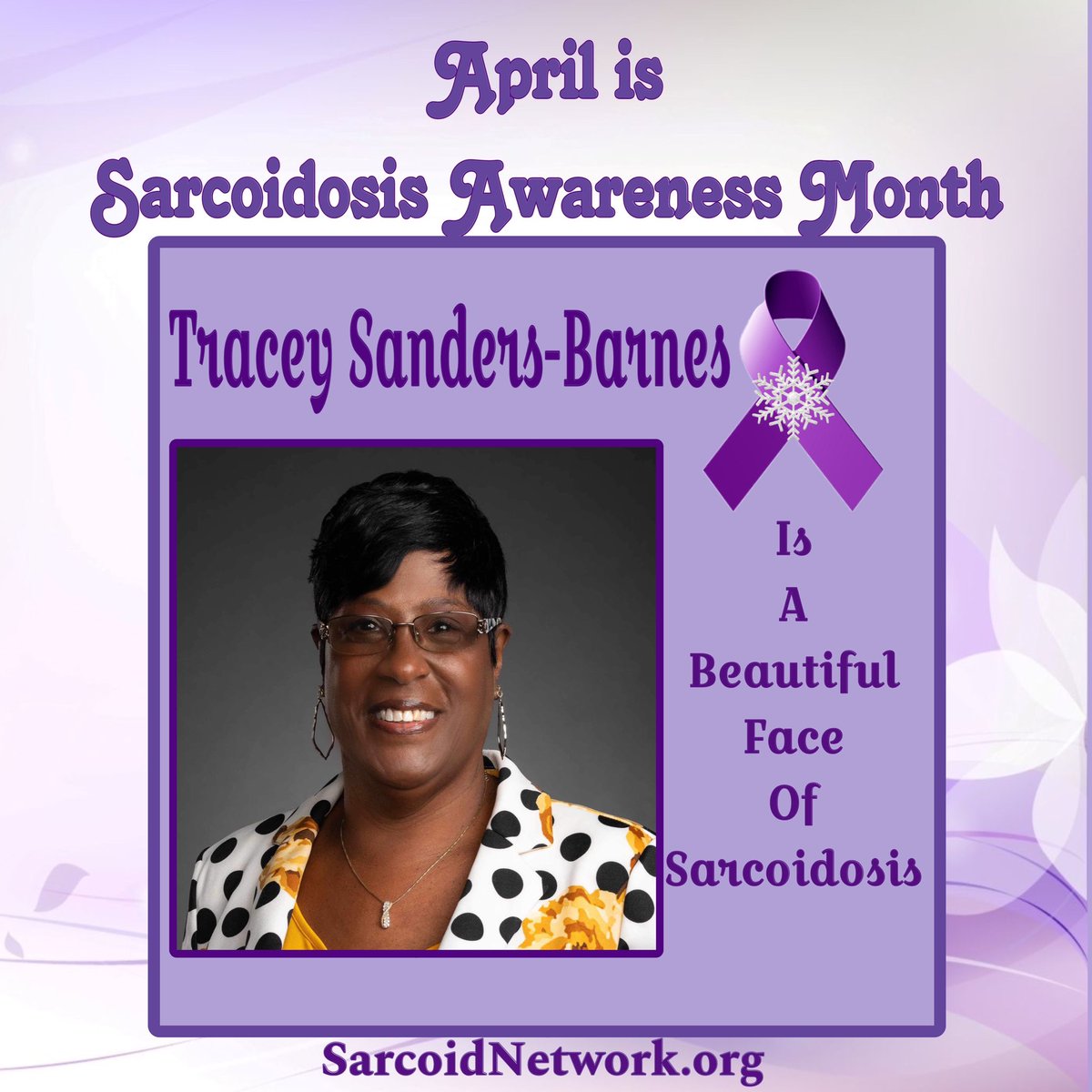 This is our Sarcoidosis Sister Tracey Sanders-Barnes and she is a Beautiful Face of Sarcoidosis!💜

#Sarcoidosis #raredisease #patientadvocate #sarcoidosisadvocate #beautifulfacesofsarcoidosis #sarcoidosisawarenessmonth