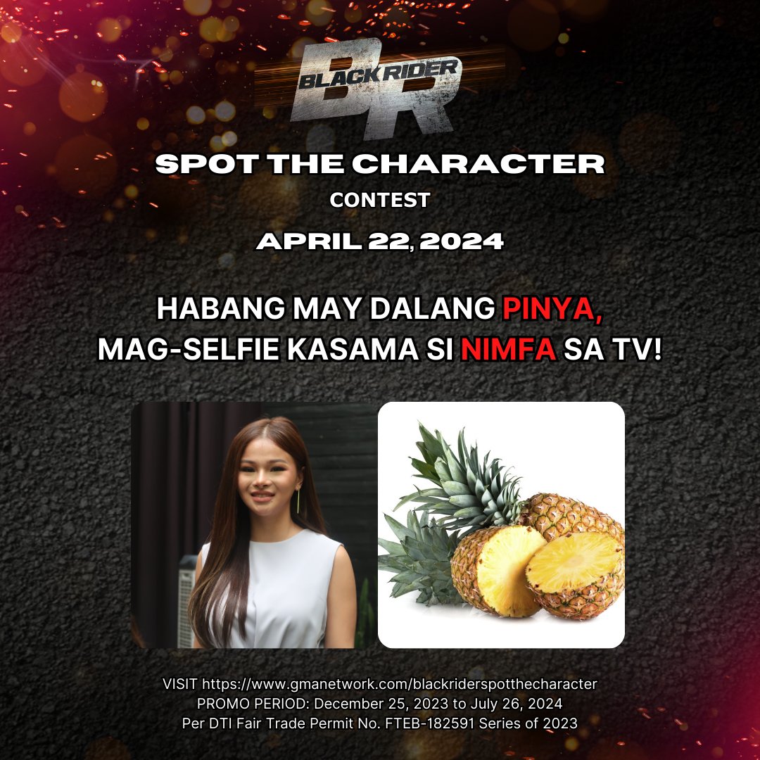 Mga Kapuso, puwede pa rin kayong sumali sa BLACK RIDER SPOT THE CHARACTER selfie contest! Mamayang 11 PM pa magsasara ang link para sa entries! SUBMIT YOUR ENTRIES HERE: gmanetwork.com/blackriderspot… #BlackRider #BlackRiderNimfaKiss